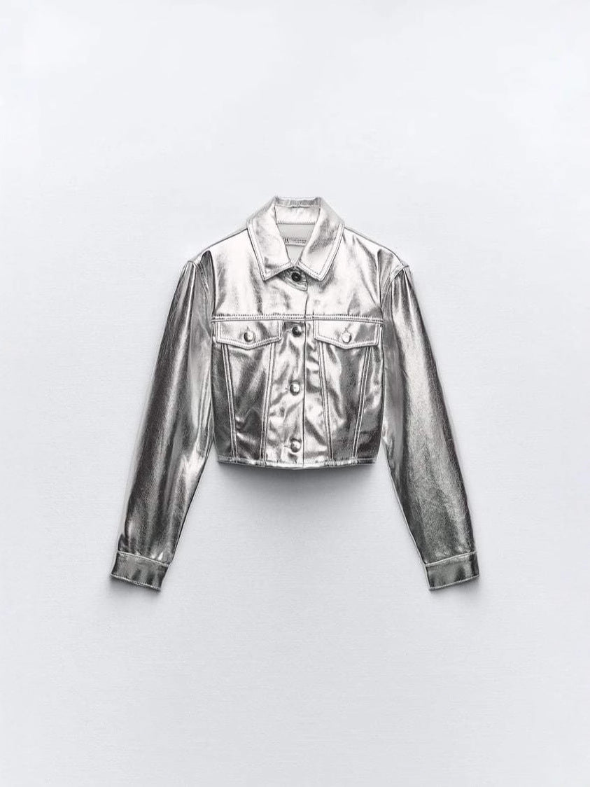 Women's Pu Leather Jacket Coat Fashion Turndown Collar Long Sleeve Top 4