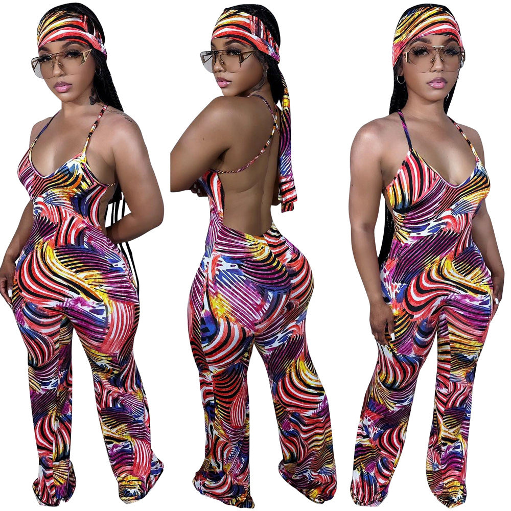 Women's Summer Sleeveless Straps Painted Print Low Back Long Jumpsuit With Bandana 7