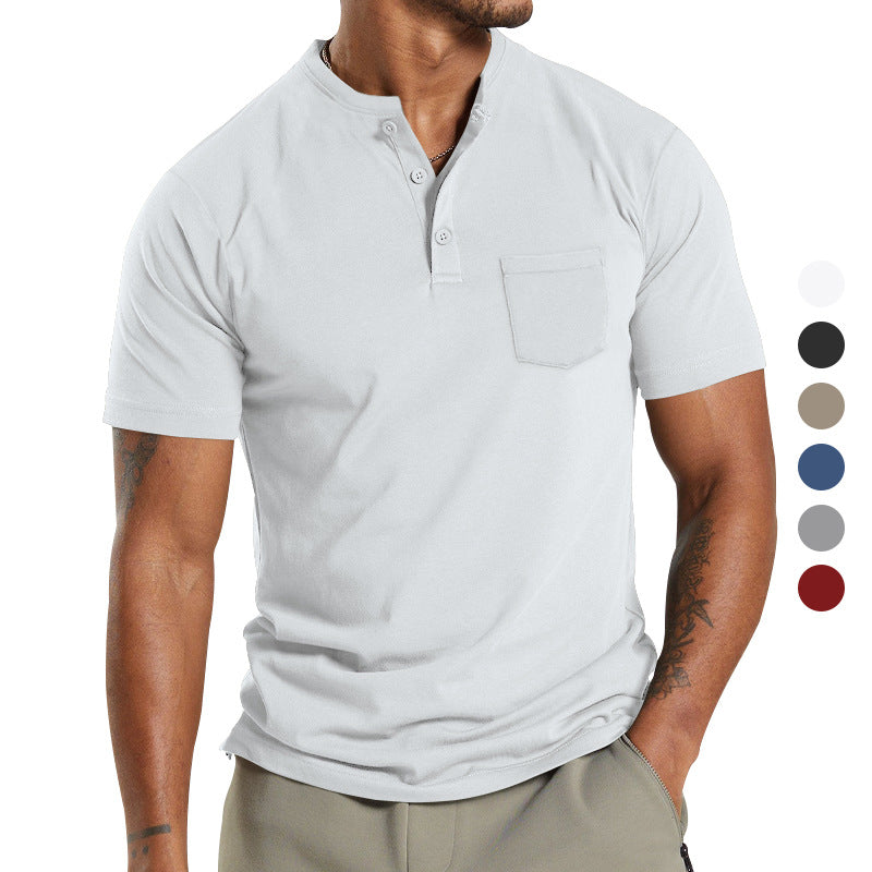 Men's Solid Button Stand Collar Short Sleeve T-shirt 3