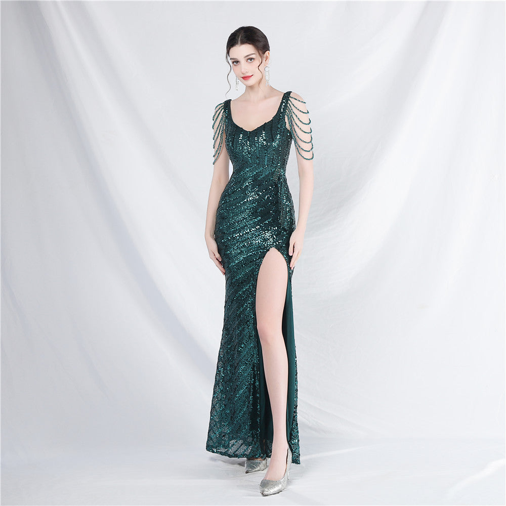 elegant luxury beaded sequin slit long evening dress