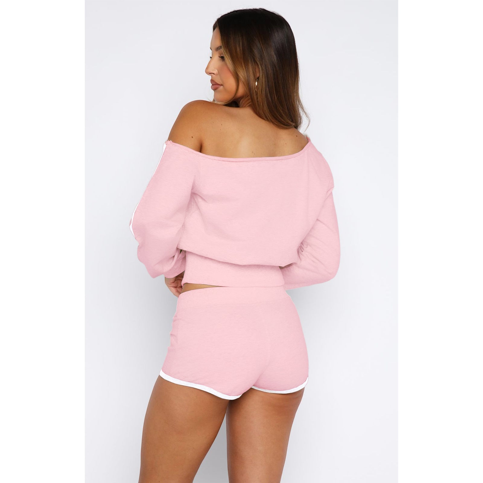 Women's Casual Slash Shoulder Long Sleeve Top Drawstring Shorts Two-Piece Set 69
