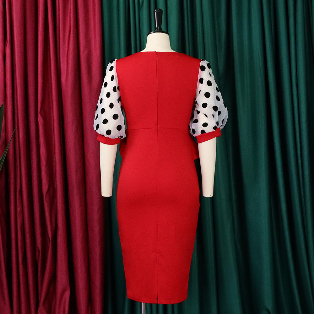 Plus Size Women'S Fashion Dot Mesh Patchwork V Neck Chic Career Bodycon Dress 18