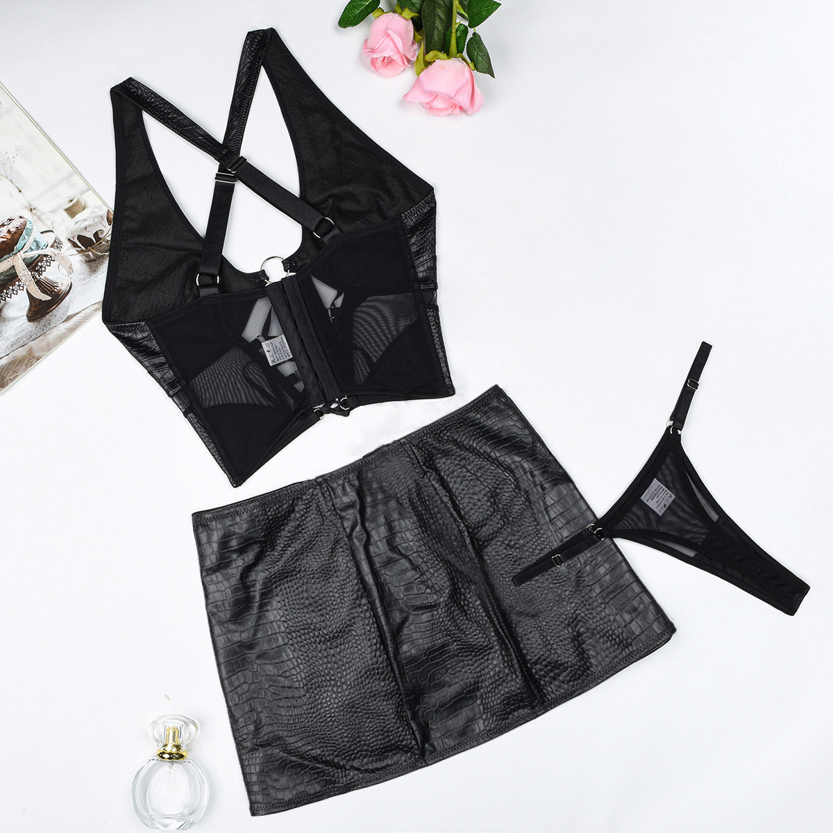 Women mesh Lace-Up crossover Halter Neck sexy lingerie two-piece set 6