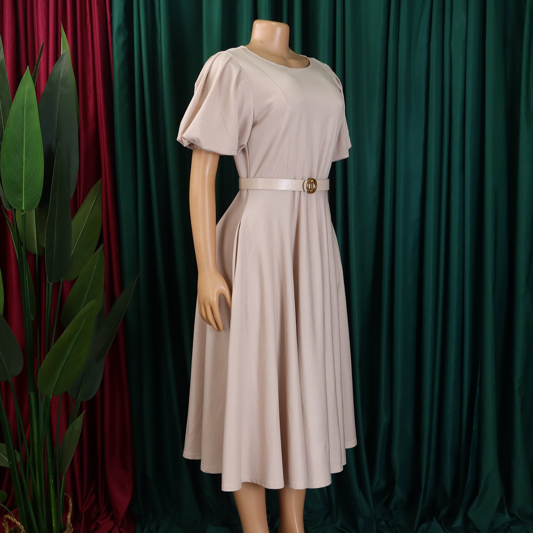 Women's Round Neck Chic Elegant Slim Waist Puff Sleeve A-Line African Dress 22