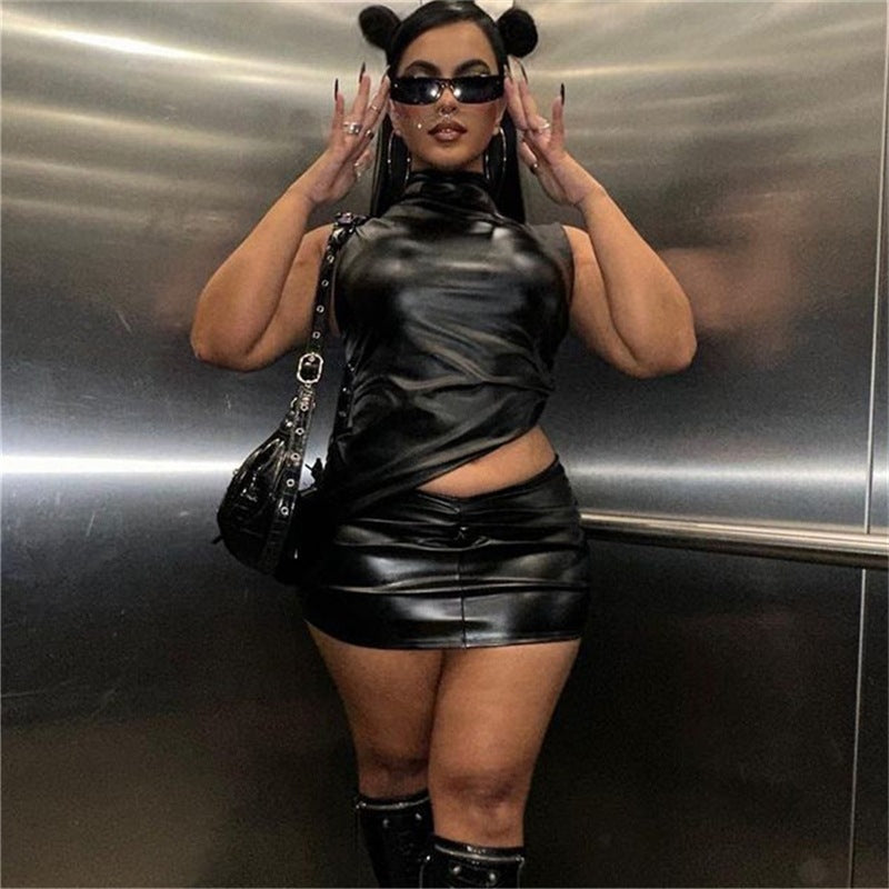 Women Summer Black Pu-Leather Stand Collar Sleeveless Pleated Irregular Top and Bodycon Skirt Two-Piece Set 5