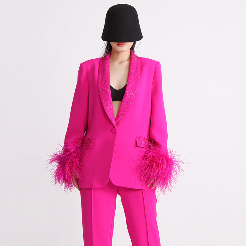 Women Neck Diamond Cuffs Patchwork Ostrich Feather Long Sleeve Blazer