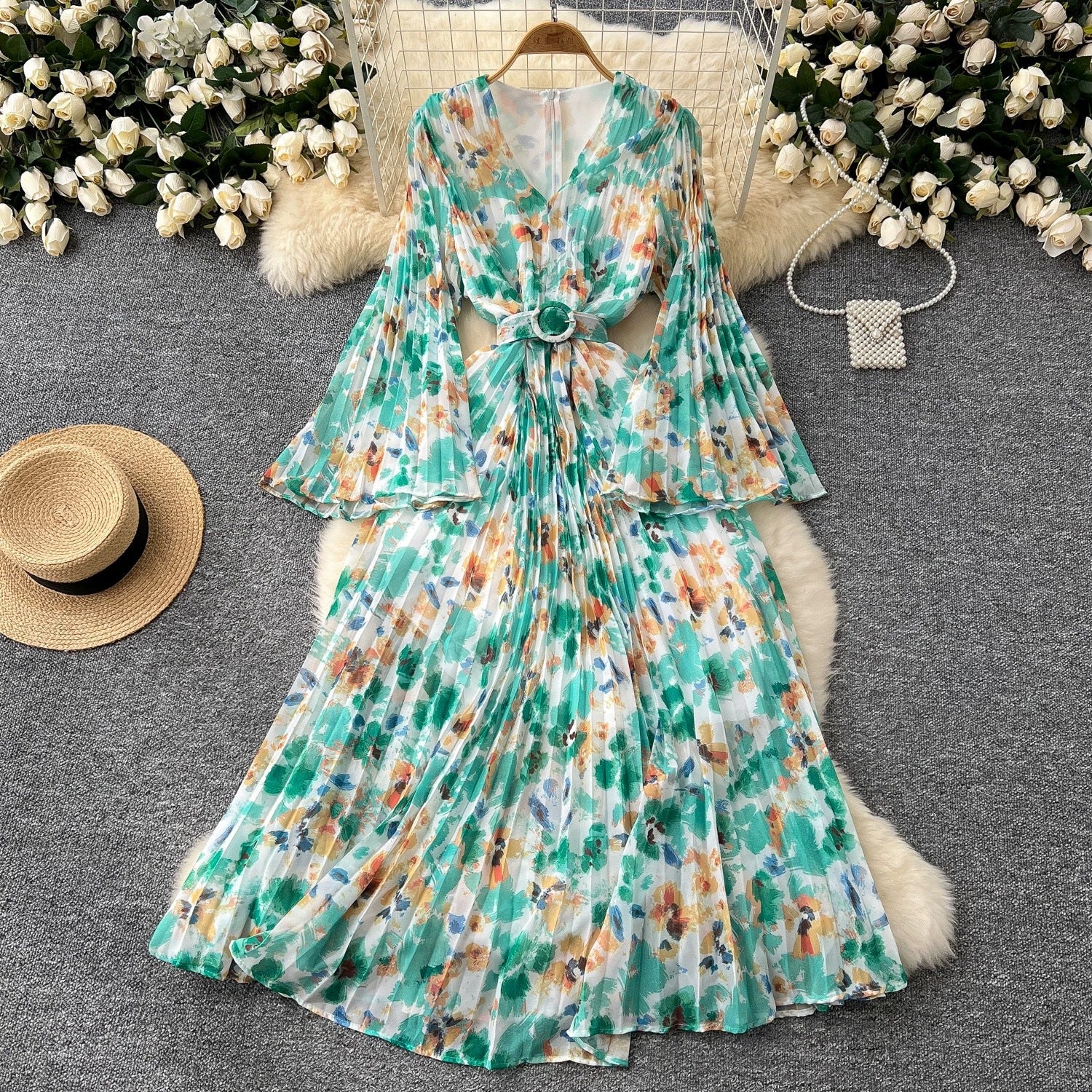 V-Neck Bell Bottom Long Sleeve Print Chiffon Dress Autumn Slim Waist  Chic Knee-Length Dress 5