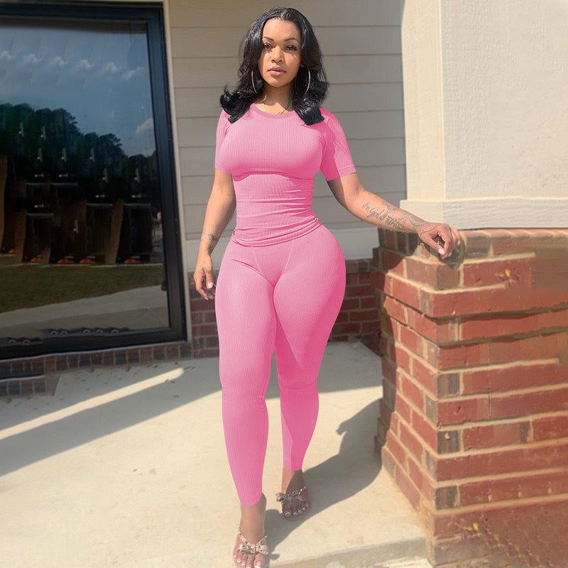 Women Sexy Solid Short Sleeve Top and Pant Two-piece Set 5