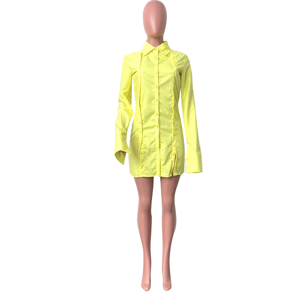 Women's Solid Color Single-Breasted Slit Long Sleeves Shirt Dress 27