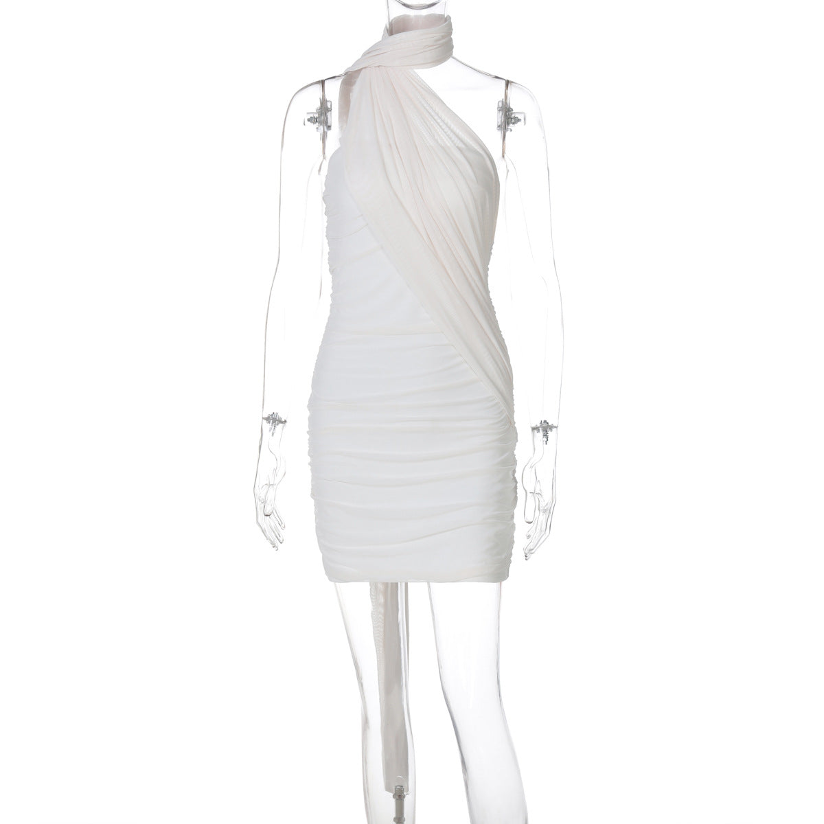 Summer Mesh Patchwork Ribbon Halter Neck Solid Color Bodycon Dress for Women 9