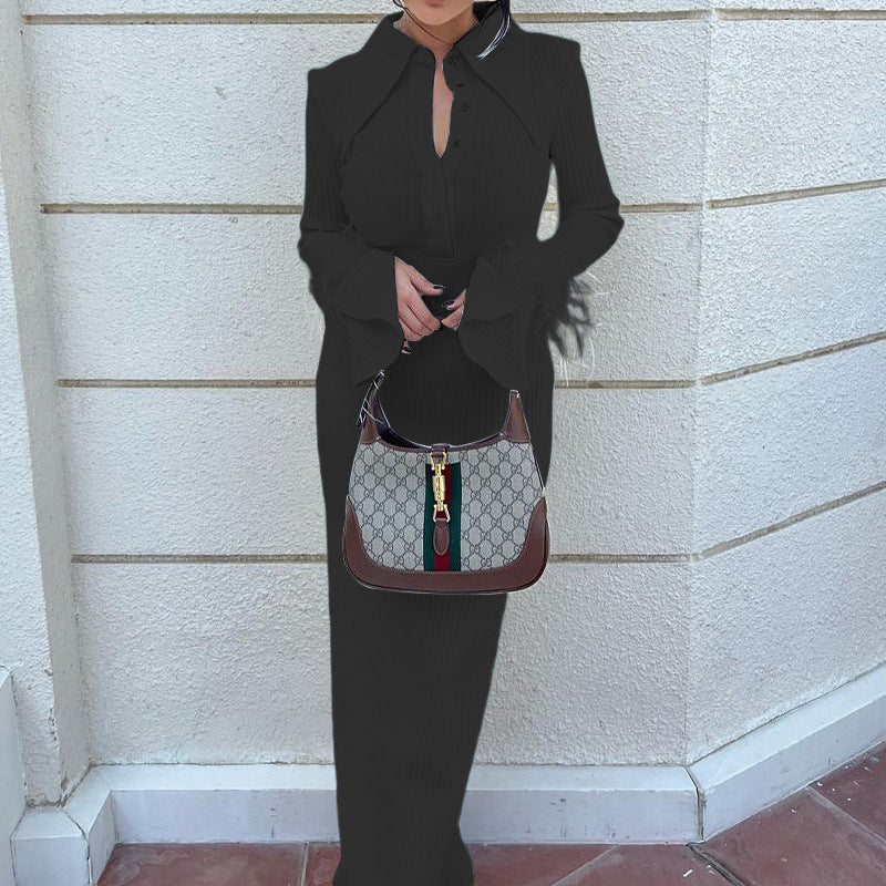 Women Turndown Collar Long Sleeve Feather Maxi Dress 6