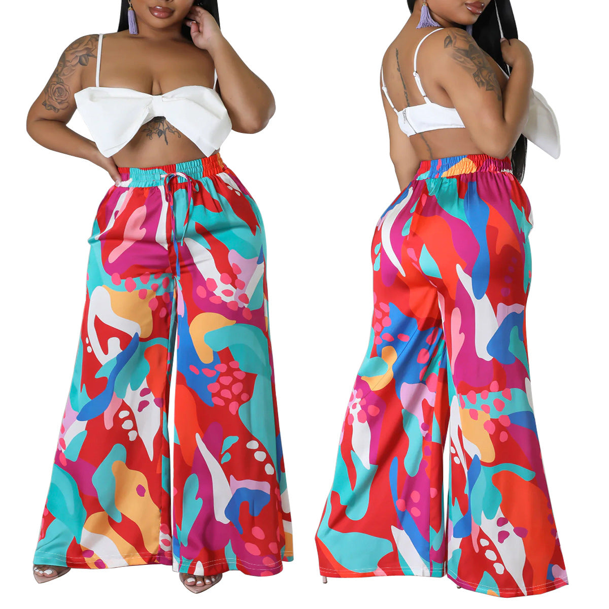 Plus Size Women Casual Tie Print Pocket Wide Leg Pants 6