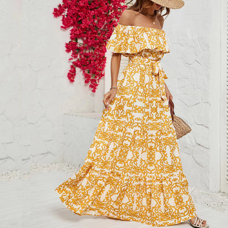 Women Off Shoulder Short Sleeve Printed Ruffle Maxi Dress 12