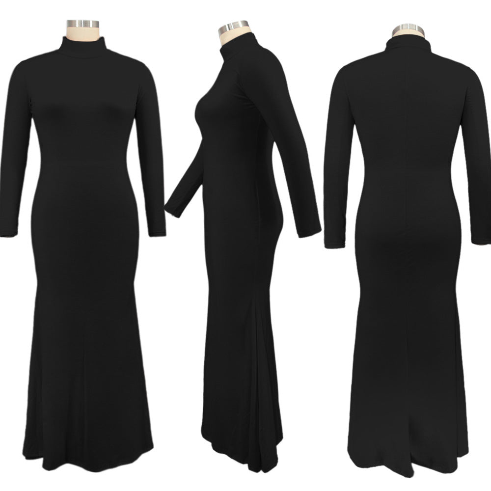 Women High Neck Long Sleeve Round Neck Maxi Dress 8