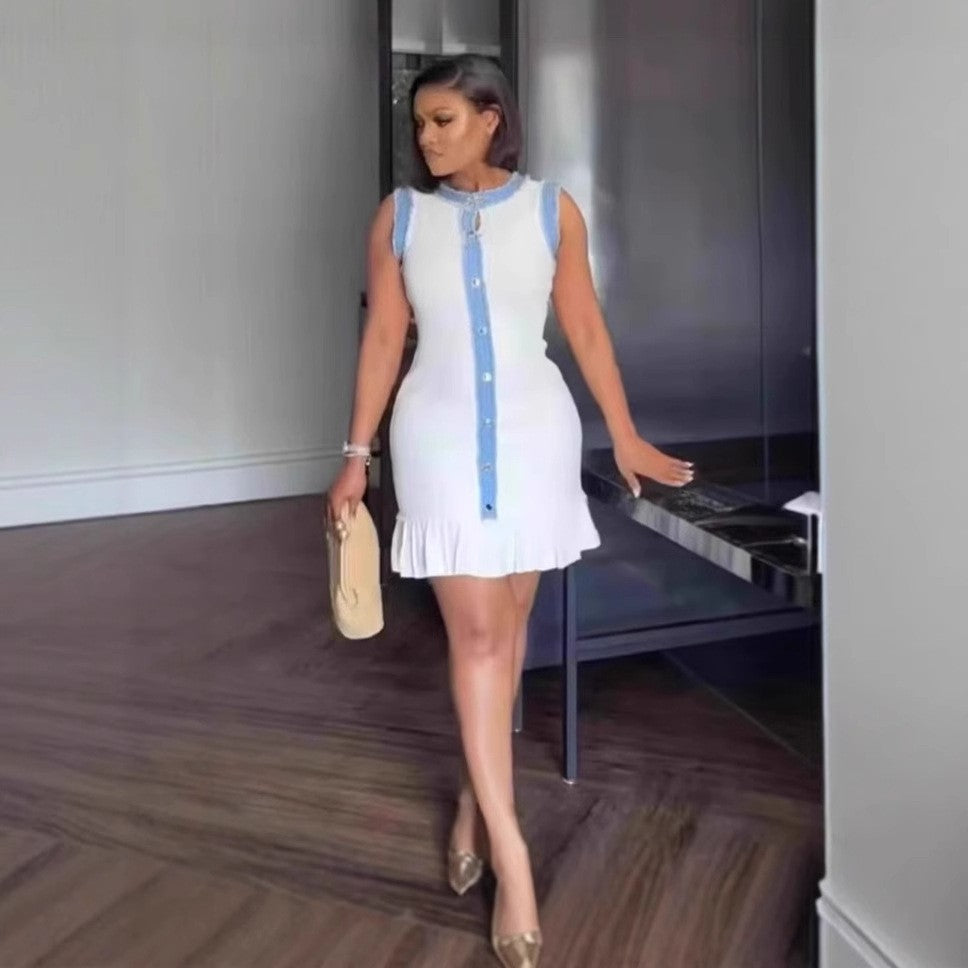 Women's Denim Trim Knit Short Sleeve Sleeveless Dress