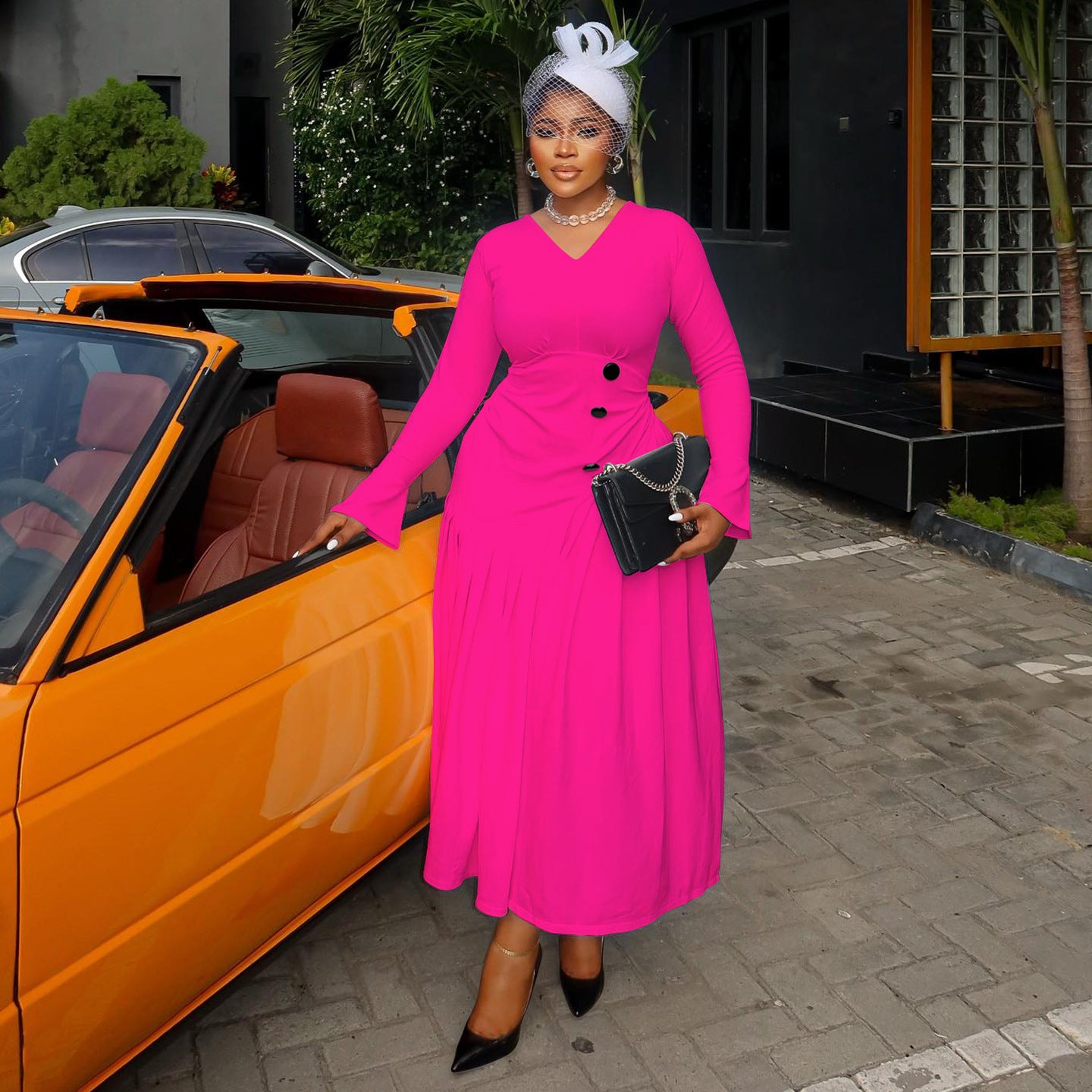 Plus-Size Women Autumn V-Neck Pleated Maxi Dress 8