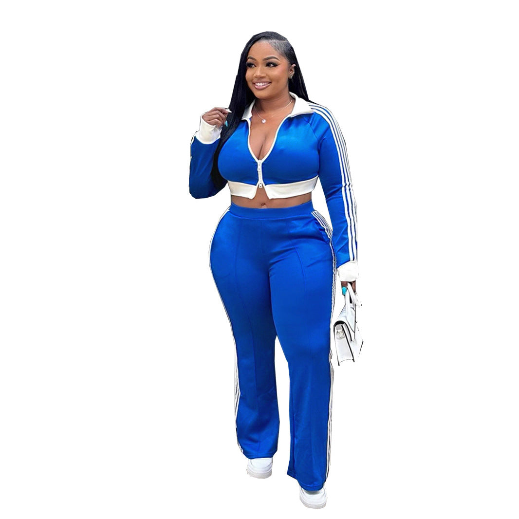Women Casual contrast color zipper long-sleeved Crop Top and Pants two-piece set 10
