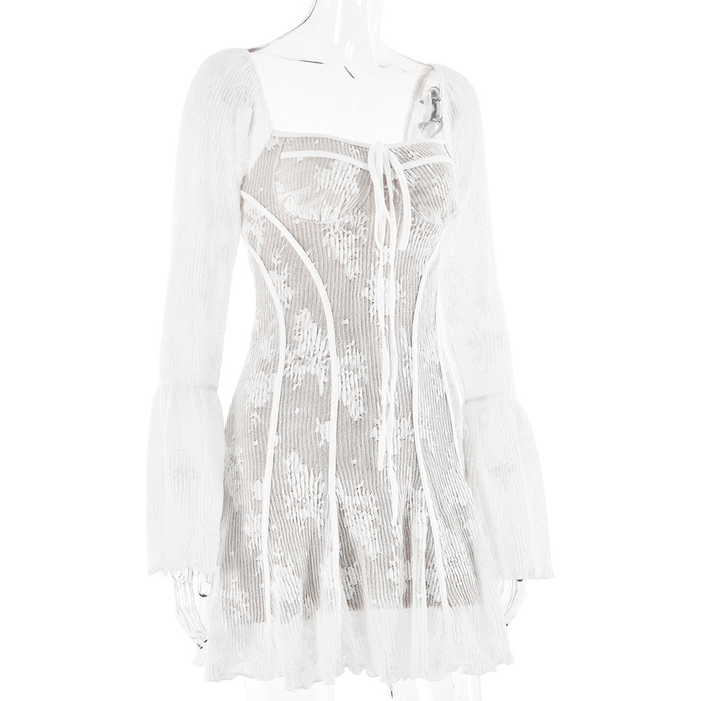 Spring Sexy Lace Bell Sleeve Long-Sleeve Low Back Bodycon Short Dress 14