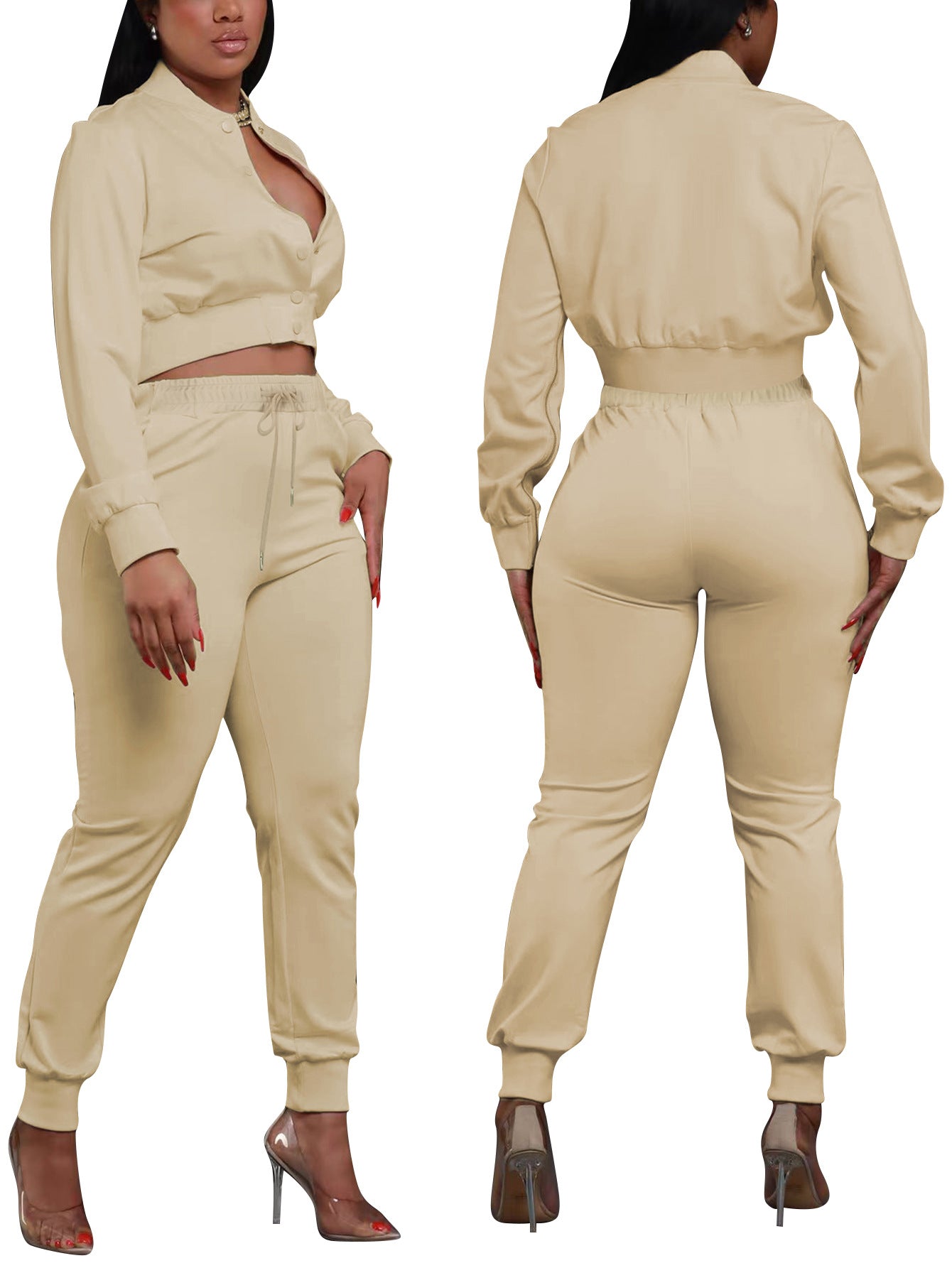 Women's Solid Color Casual Baseball Jacket Single-Breasted Long Sleeve Zipper Top and Sport Pants Two-Piece Set