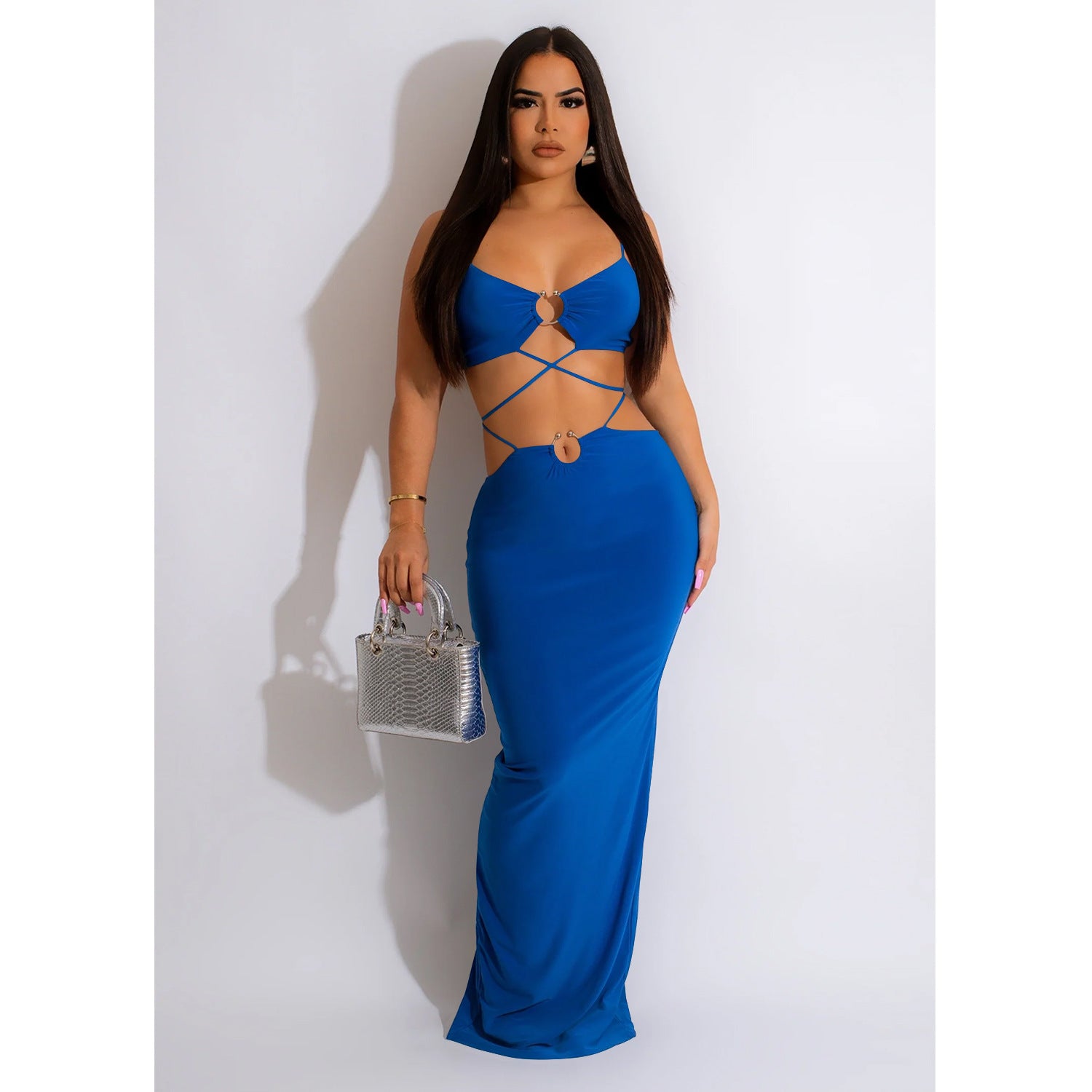 Women's Fashion Solid Color Lace-Up Sleeveless Straps Maxi Dress 8