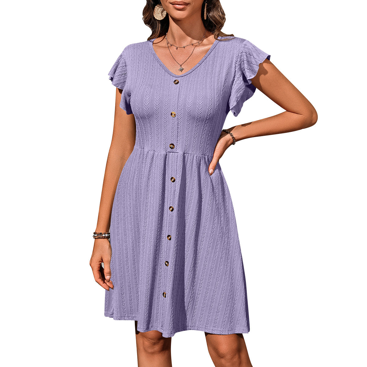 Summer Women's V-Neck Button-Down Slim Waist Stretch Short-Sleeved Dress 13