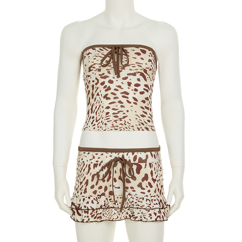 Women Leopard Print Contrast Lace Strapless Top+Mini Skirt Two Piece Set 5