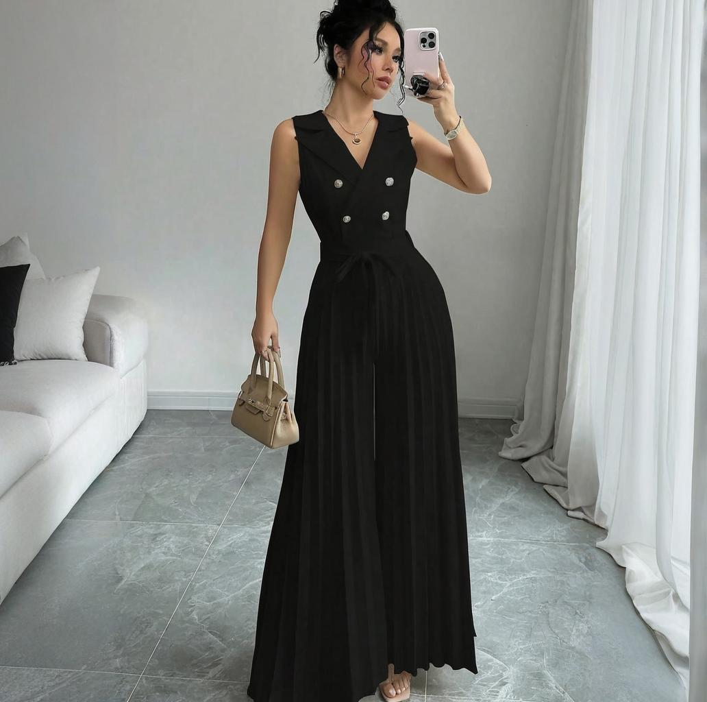 Women summer sleeveless v-neck lace pleated Maxi Jumpsuit 3