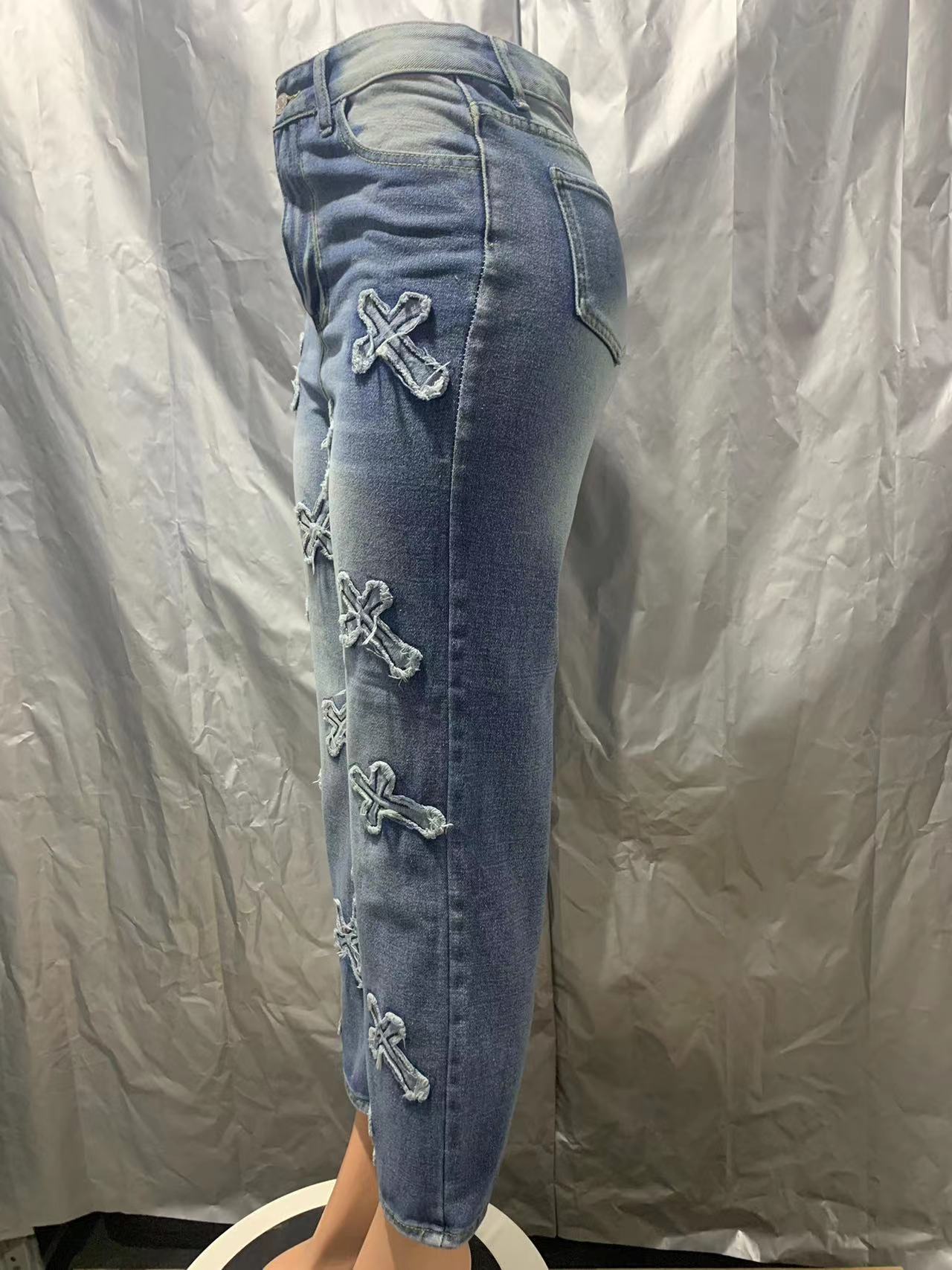 Women autumn tassel cross washed Denim Pants 8