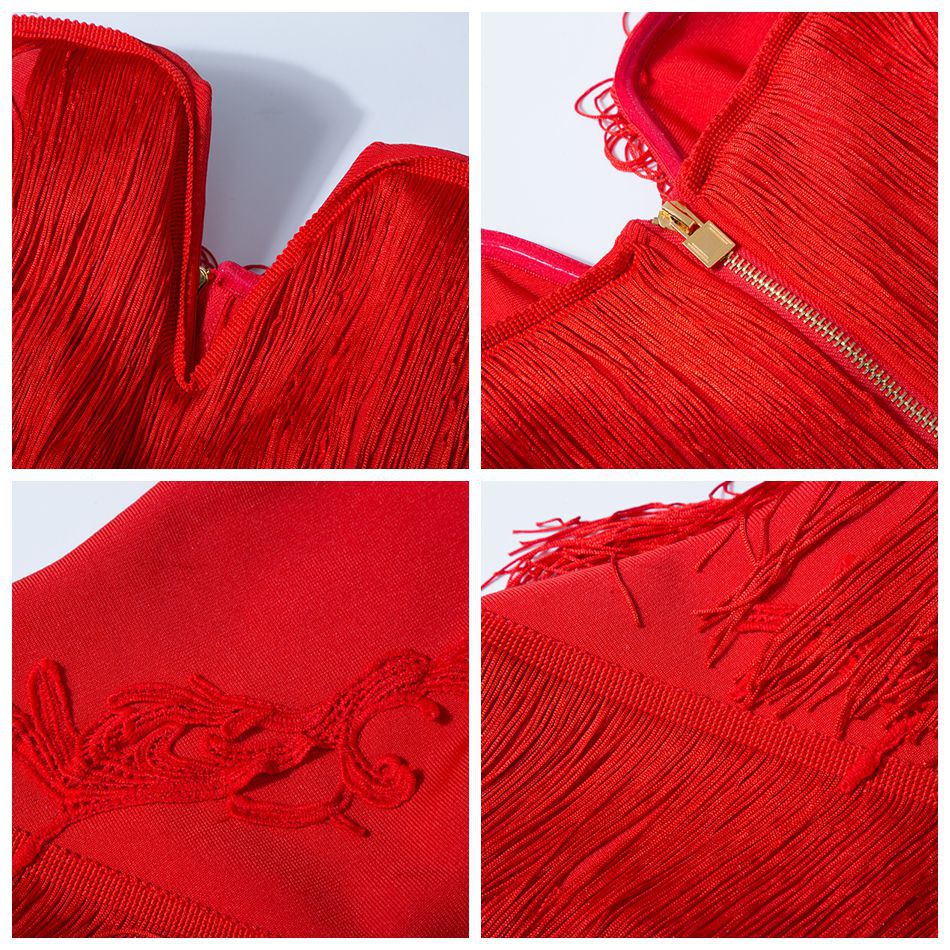 Women's Summer V-Neck Open Back Off Shoulder Tassel Mini Bodycon Dress 12