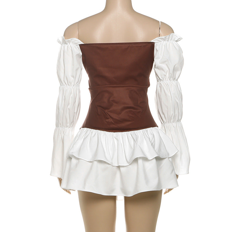 Autumn Women's Sexy Color Block Off Shoulder Puff Sleeve Slim Waist Casual Dress 9