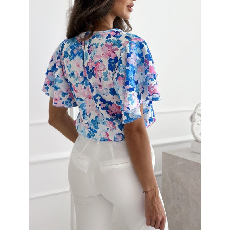 Fashion Summer Print Ruffle Sleeve Round Neck Short Sleeve Top 6