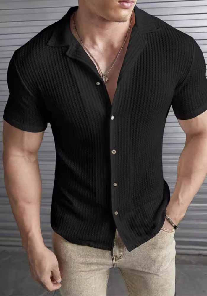 Spring And Summer Men's Fashion Casual Slim Top Fashion Short Sleeve Wafflet Shirt