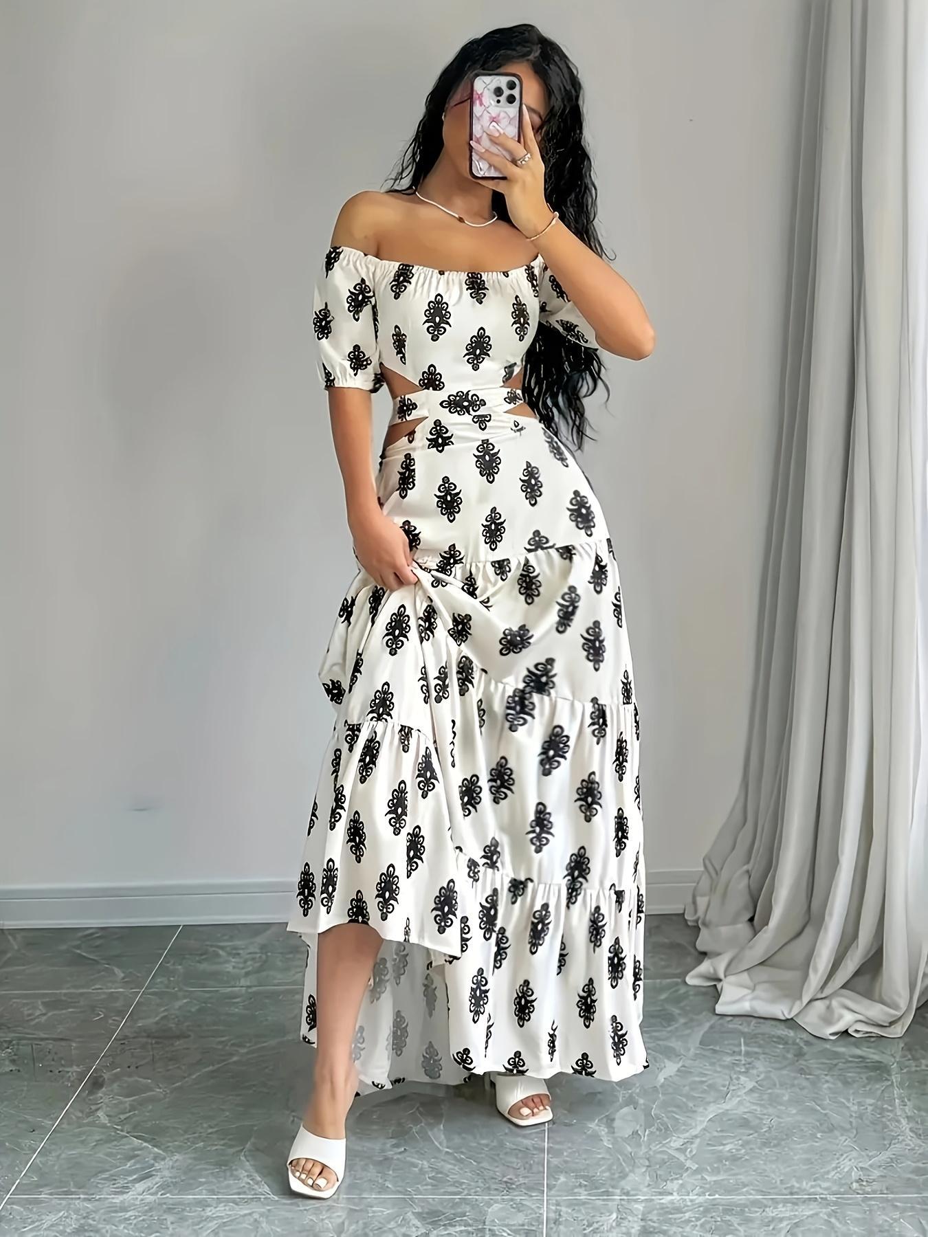 Women Summer Print Lace-Up Sexy Off Shoulder Strapless Dress