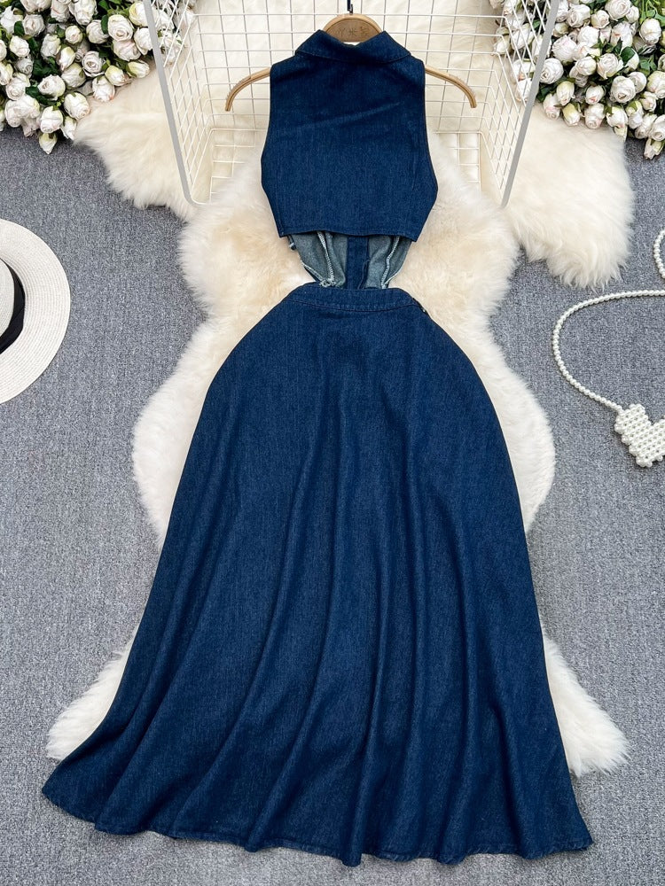 Women Vintage Turndown Collar Cut Out Sleeveless Denim Dress 5