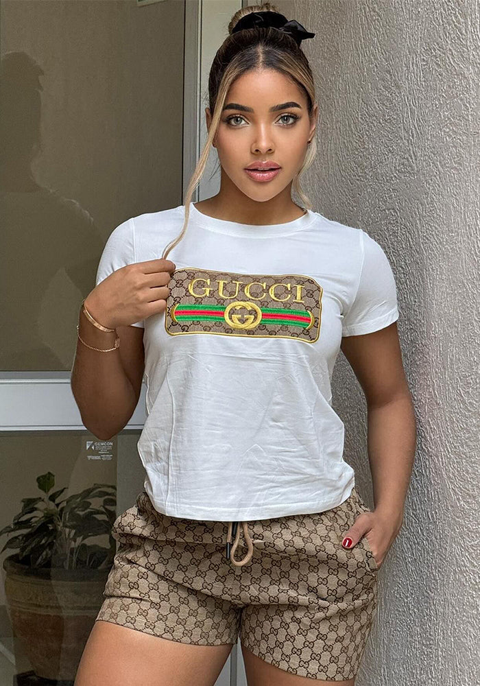 Women summer embroidered + printed short-sleeved Top and shorts two-piece set