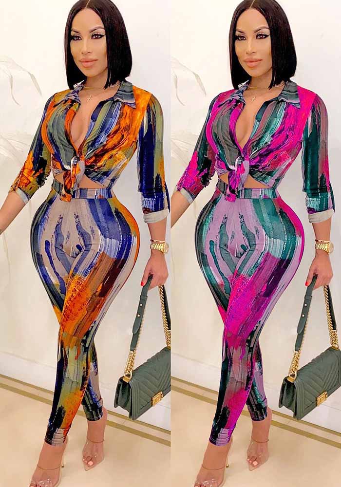 Trendy Print V-Neck Long-Sleeve Two-Piece Pants Set