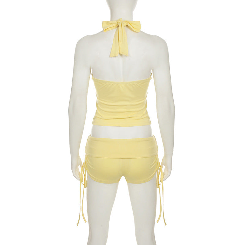 Summer Casual Sexy Knot Halter Neck Vest with Waist Drawstring Shorts Set 10