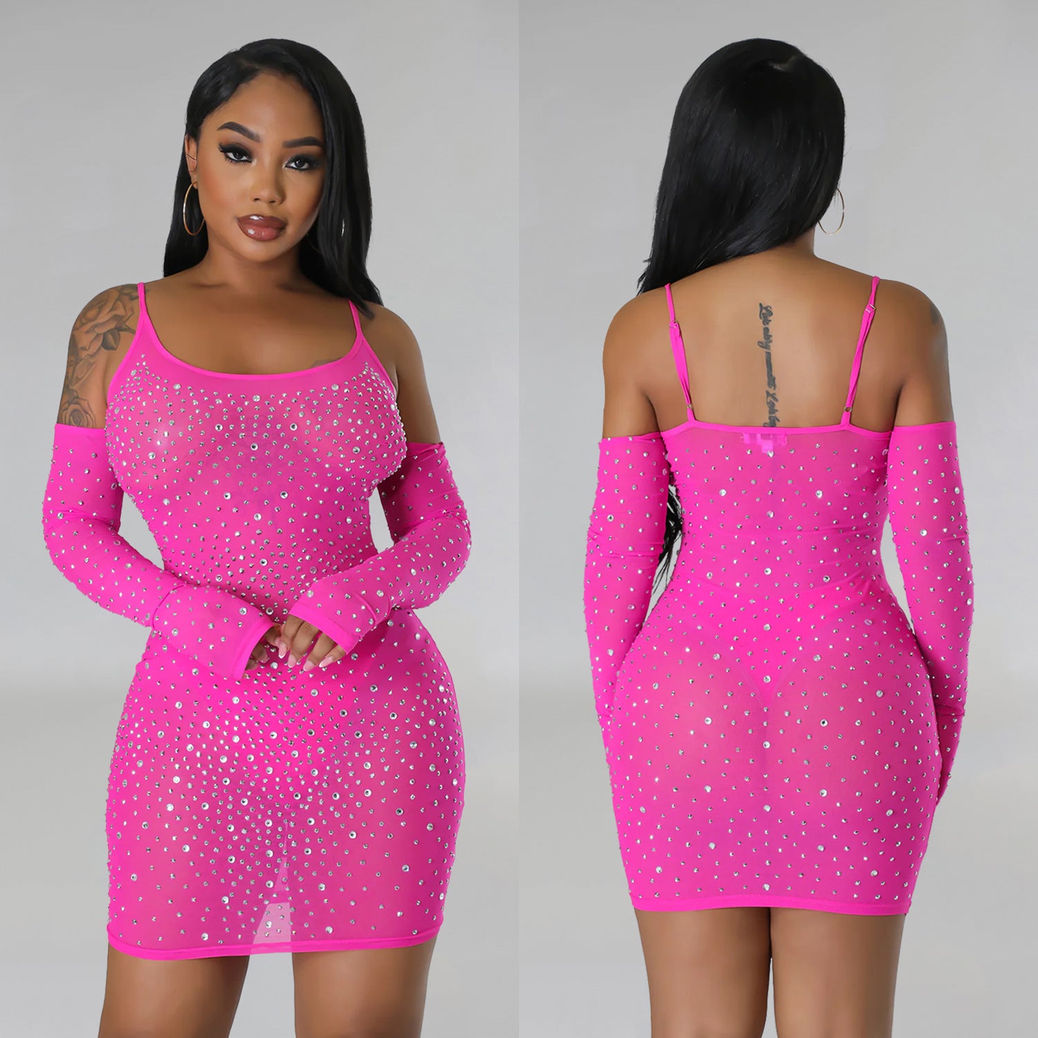 Women's Fashion Solid Color Mesh Beaded See-Through Slip Dress 7