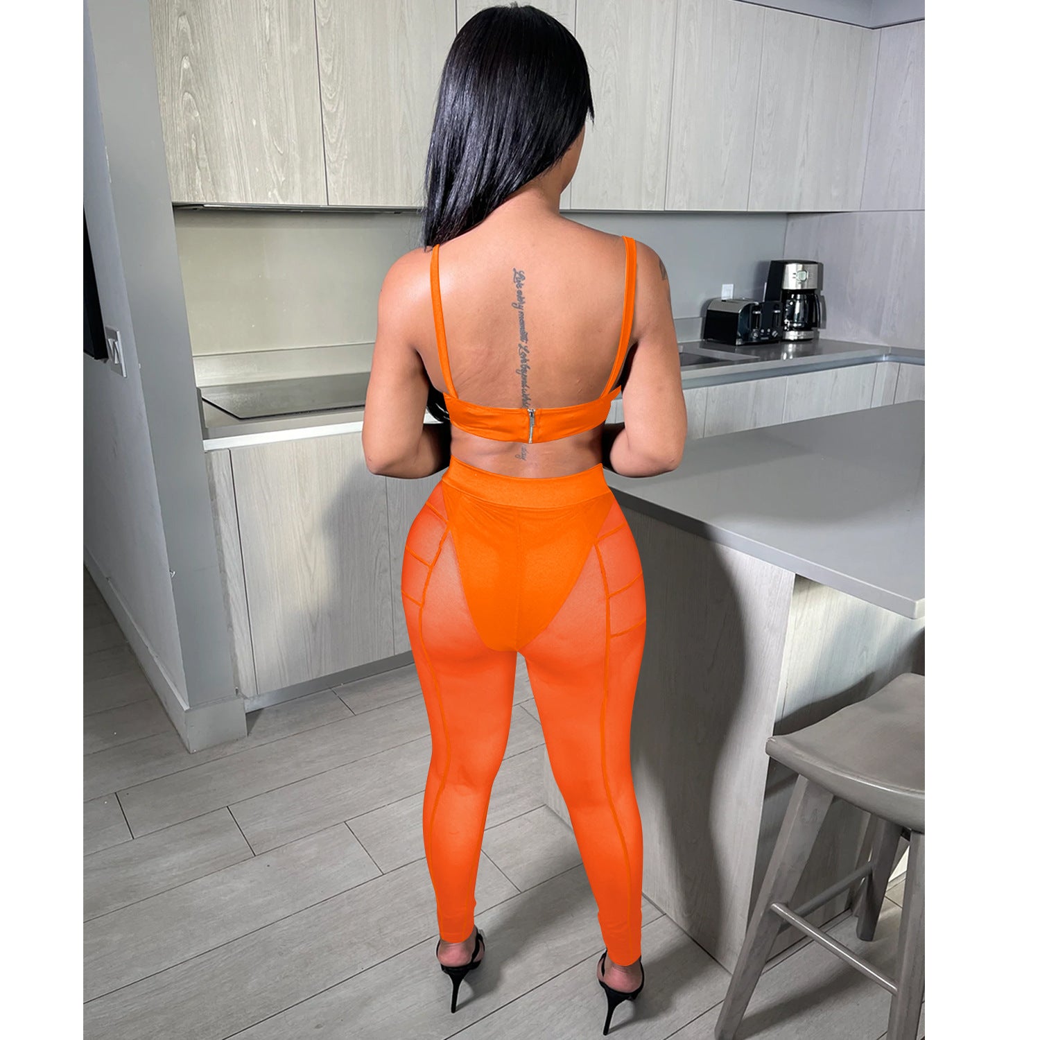 Women sexy bra strap zipper mesh See-Through trousers two-piece set 6