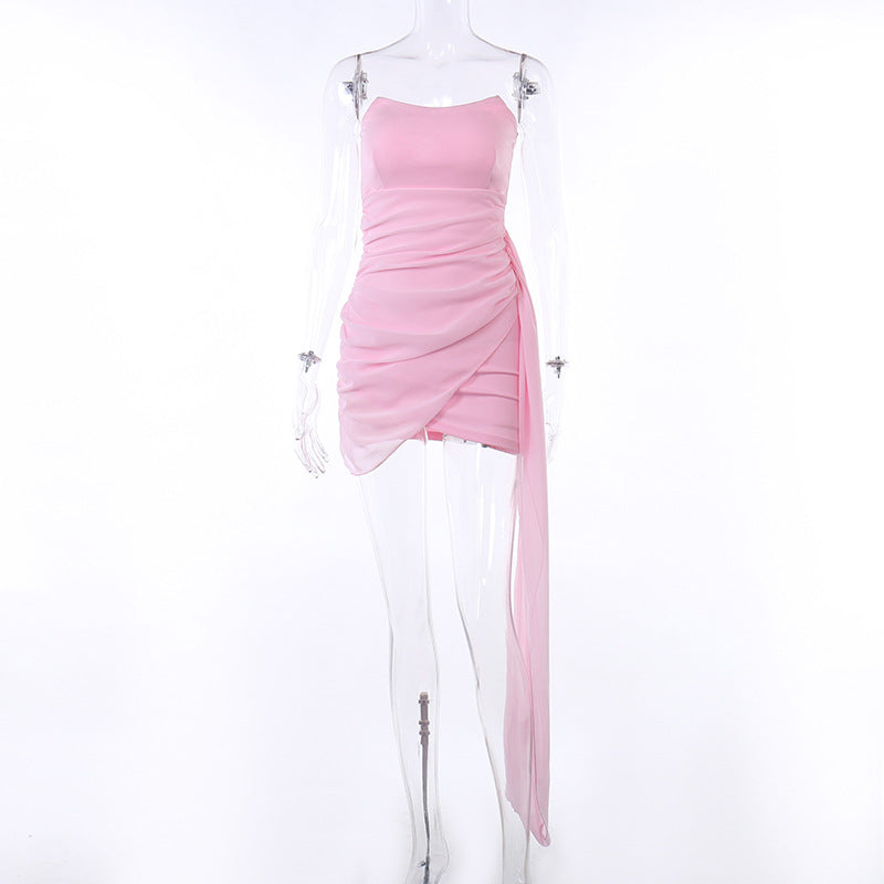 Women sexy Strapless Mesh ribbon party solid dress 7