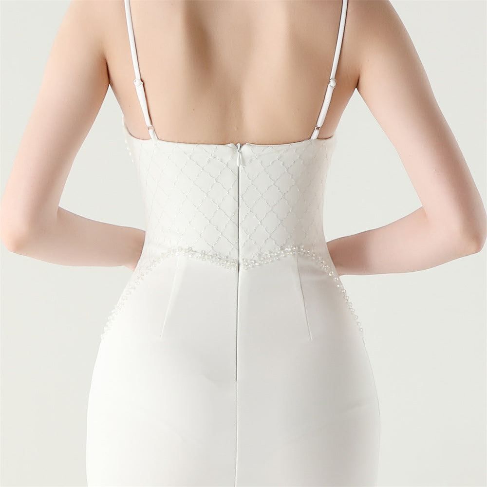 Women Strappy Heart-Shaped Lace Grid Embroidery Beaded Fishbone Formal Party Evening Dress 72