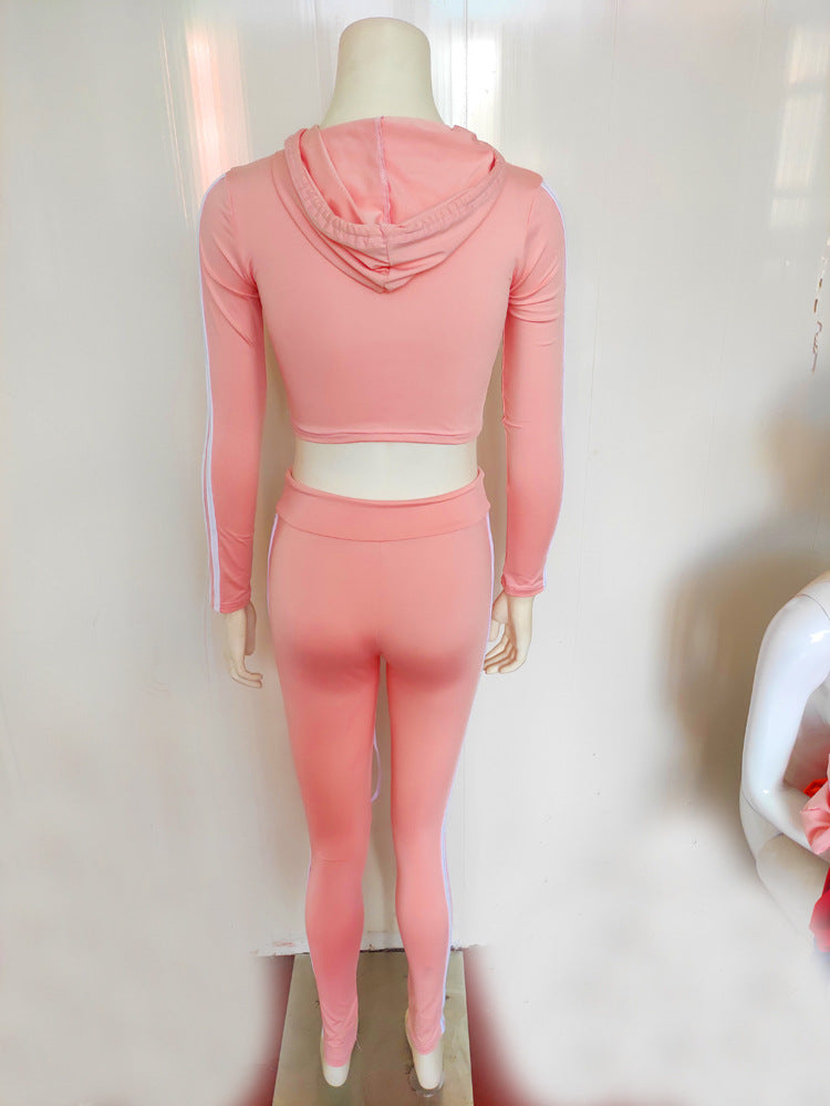 Women Striped Stretchy Hooded Drawstring Top Long Pants Two-piece Set 9