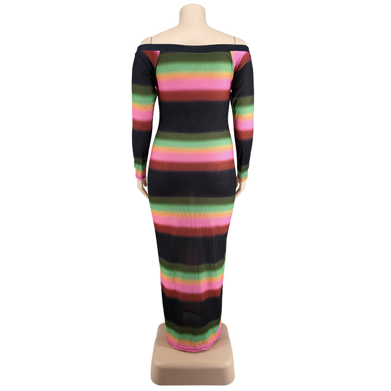 Plus Size Women Summer V-neck Off-shoulder Striped Print Dress 5