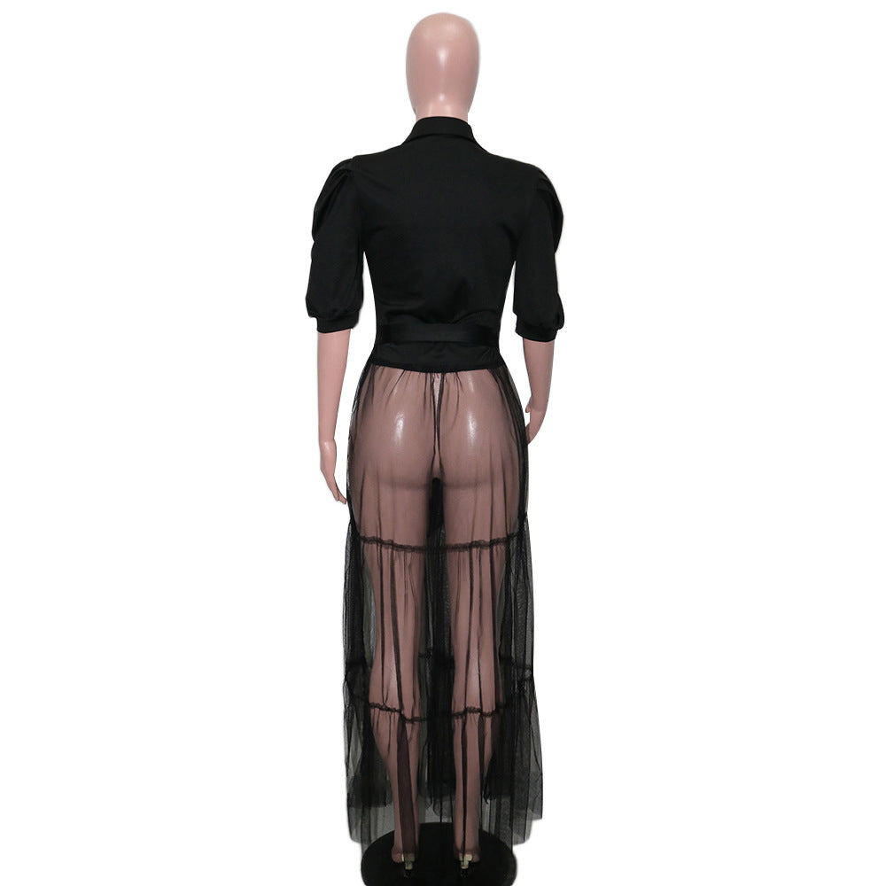 Women Sexy Turndown Collar Short Sleeve Lace-Up Shirt Mesh Patchwork Dress 8