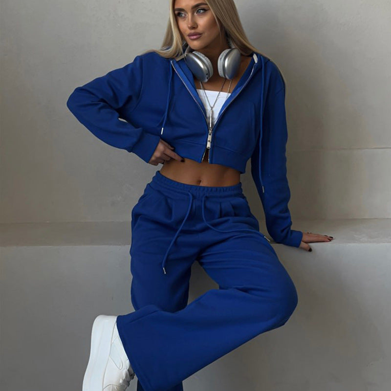 Autumn Women's Casual Solid Color Short Open Waist Hooded Top Drawstring Sweatpants Two Piece Set 10