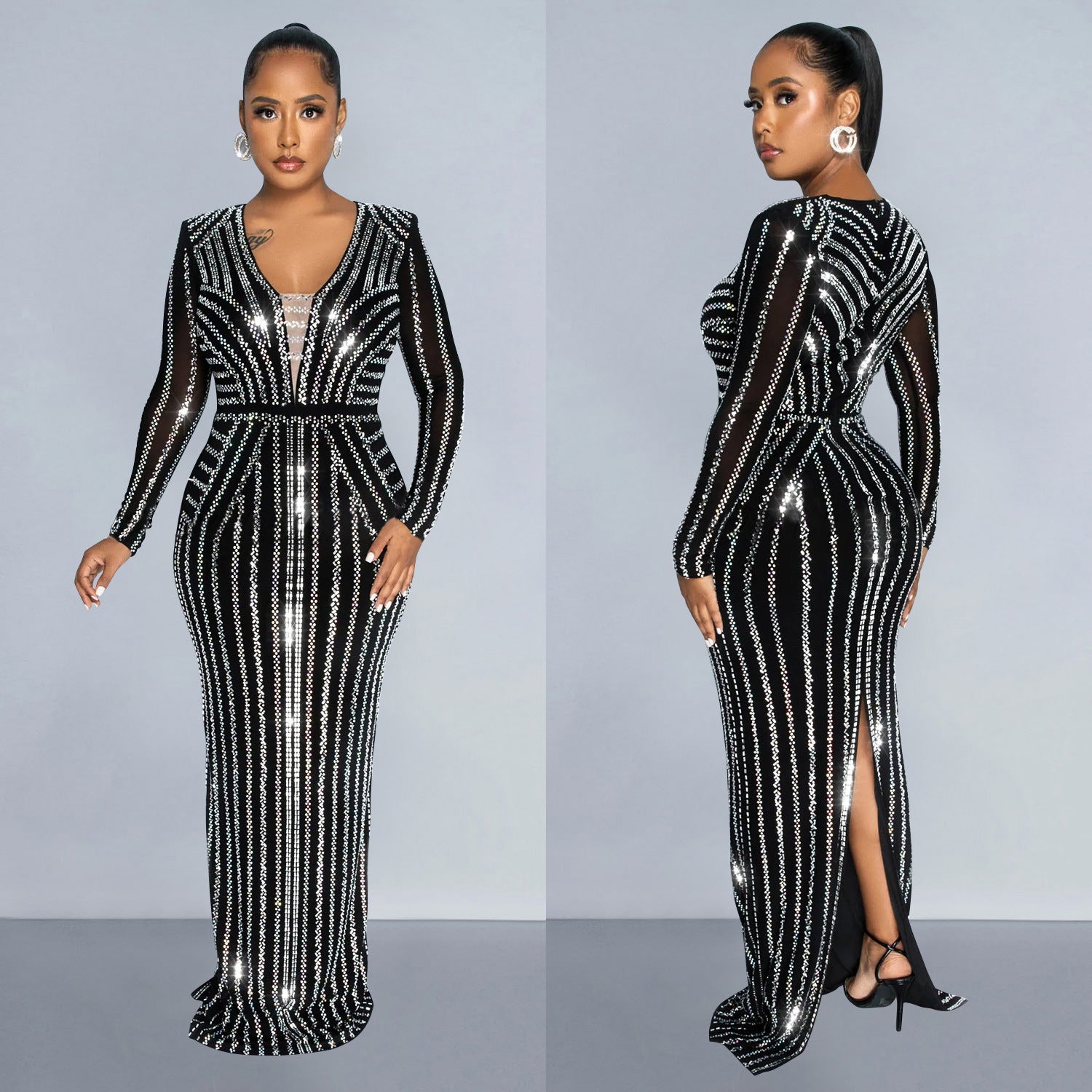 Fashion Women's Solid Color Beaded Long Sleeve Slit Maxi Dress 5