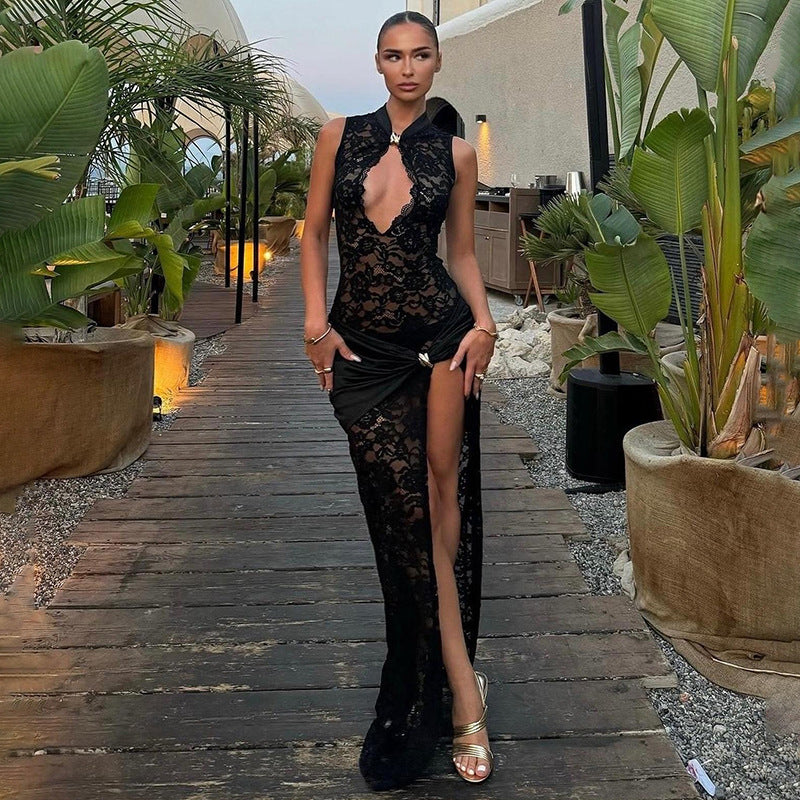 Women spring sexy hollow lace Patchwork Pleated slit Bodycon Dress 4