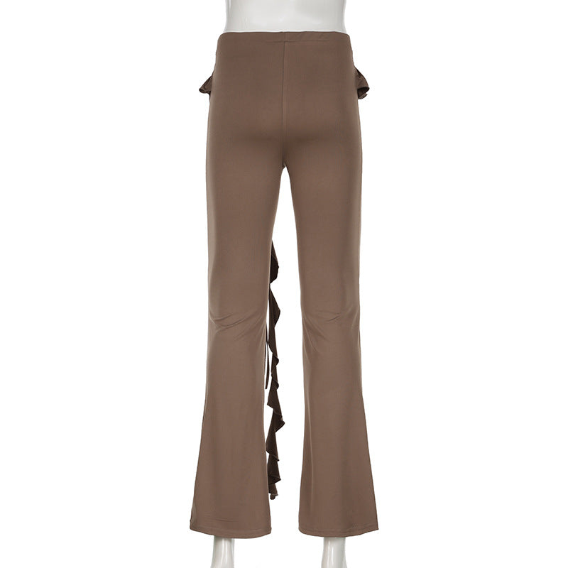 Autumn Fashion Casual Women's Solid Color Ruffled Ribbon Knitting Slim Flared Trousers 8