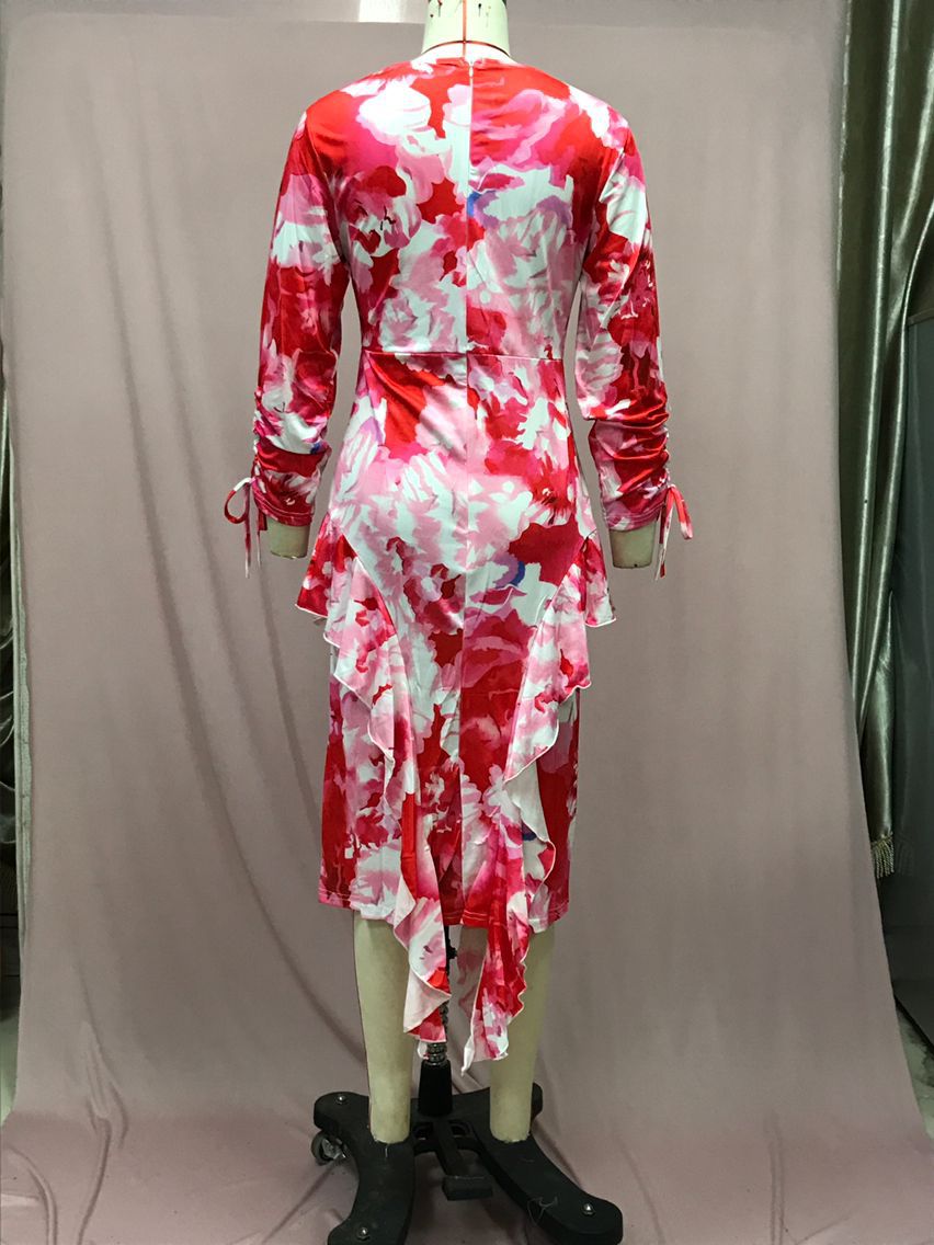 Women Career Printed Ruffle Bodycon Dress 7