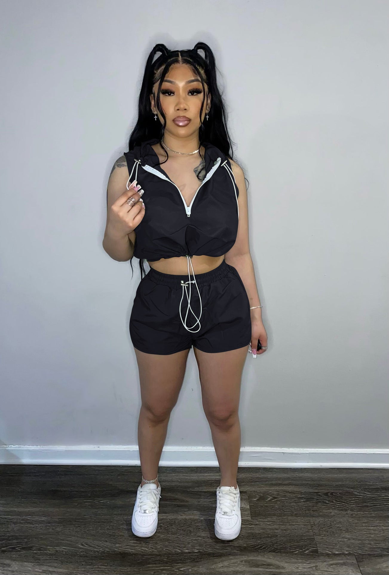 Women'S Fashion Casual Half Zip Hooded Sleeveless Two-Piece Shorts Set Women'S Clothing 4